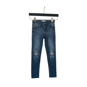 Revery Pants Girls Blue Denim Jeans Embroidered Unicorn Mid Rise Skinny Size 6